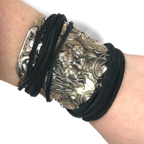 Antique Sterling Silver 925 Cuff Tie Wrap Bracelet Victorian Cherub Putti Biker - Picture 7 of 13